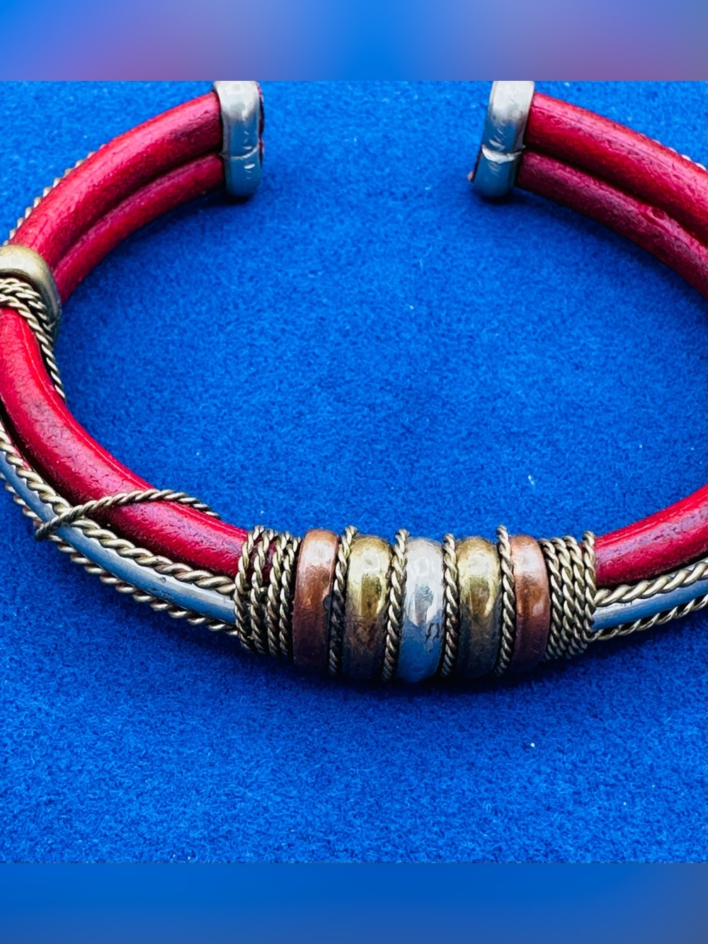 Red Leather Multi-Metal Cuff Bracelet